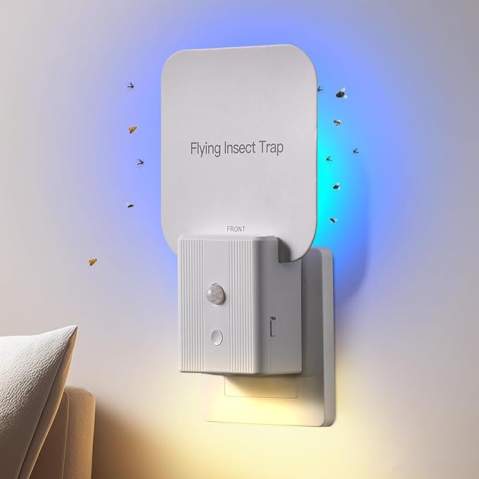 Fruit Fly Traps for Indoors, Plug in Flying Insect Trap with Auto Night Light, Bug Catcher Indoor, Fly Trap Indoor for Fruit Flies, Gnats, Mosquito, Moths (1 Device + 5 Glue Cards)