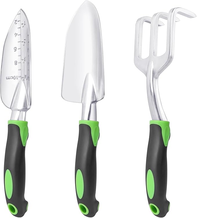 Garden Tools Set, 3 Pack Heavy Duty Gardening Tools Set Include Garden Shovel, Transplant Trowel and Hand Rake with Ergonomic Non-Slip Handle, Aluminum Alloy Lawn and Garden Hand Tools for Planting