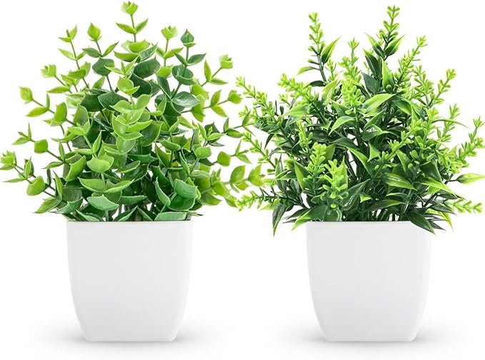 2 Pack Small Fake Plants Artificial Greenery Plants in Pots for Home Bedroom Bathroom Farmhouse Kitchen Decor Indoor