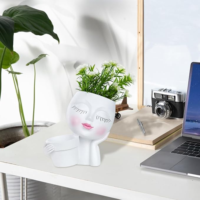 Lady Face Resin Planter Pot - Dual Planting Spaces & Drainage Holes, Indoor/Outdoor Decor for Succulents/Cactus - Unique Gift for Plant Lovers (White)