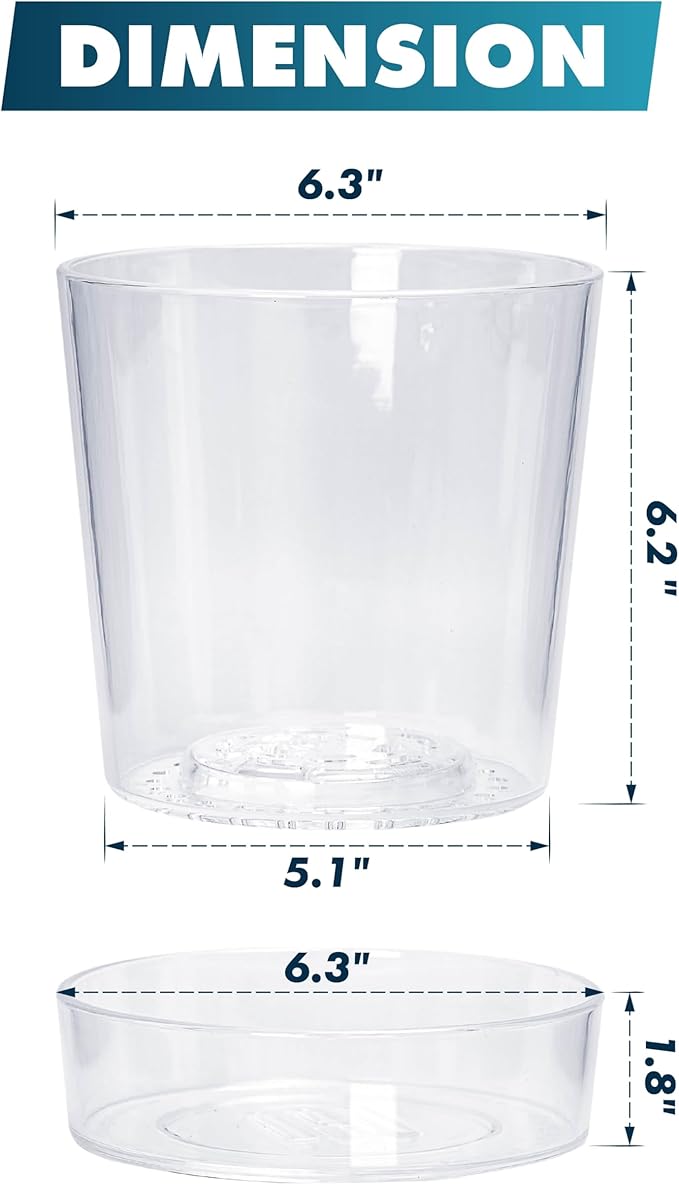 Phoenix Vine 6.5 InchClear Acrylic Planter Pot with Tray, Orchid Pot with Drainage Holes, Deep Saucer for Bottom Watering, Transparent Containers for Indoor Plants, Herbs, Set of 2, 91-A-F-2