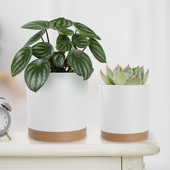 YNNICO Plant Pots with Drainage Holes and Saucers – 7, 6.5, 6, 5, 4 Inch Plastic Planters for Indoor Outdoor Plants, Modern Matte Finish, Lightweight & Durable（White