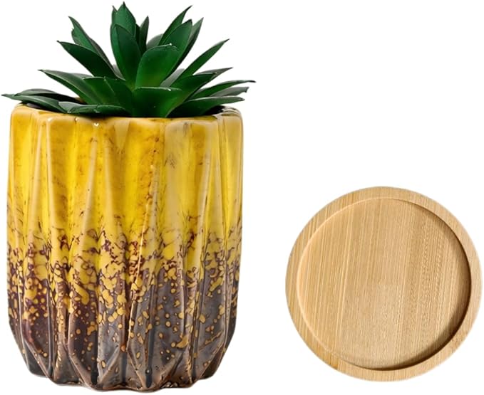 Cute Circular Ceramic Home Garden Decoration Succulent Cactus Flower Pots Container -Plant Not Included (Yellow, 3.19 Inch)