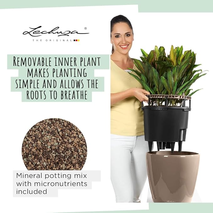 Lechuza Classico LS 35 Black High Gloss, Self-Watering Round Planter, D13.8 H13 in