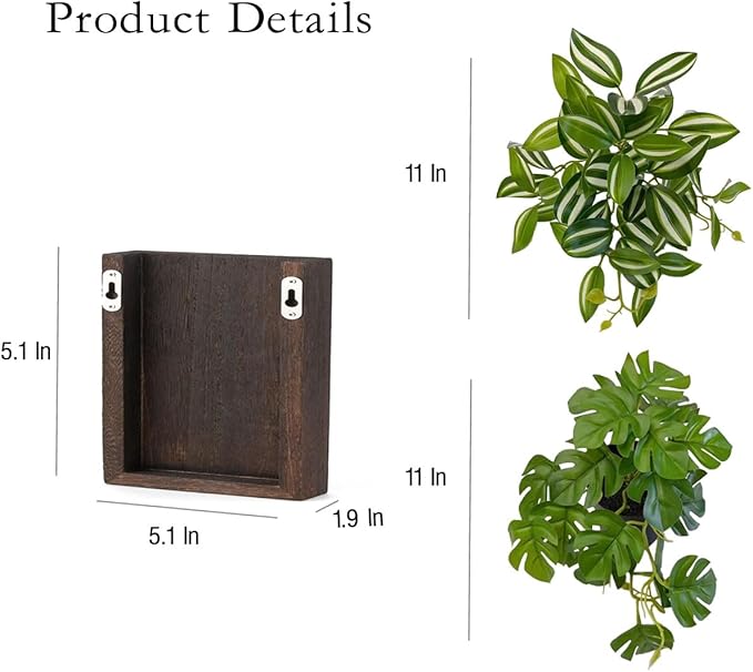 Wood Wall Planter Vase with Artificial Plants Wall Decor, Small Wall Plant Decor Hanging Greenery Fake Monstera Indoor for Living Room Bedroom Bathroom Kitchen Office (Brown)