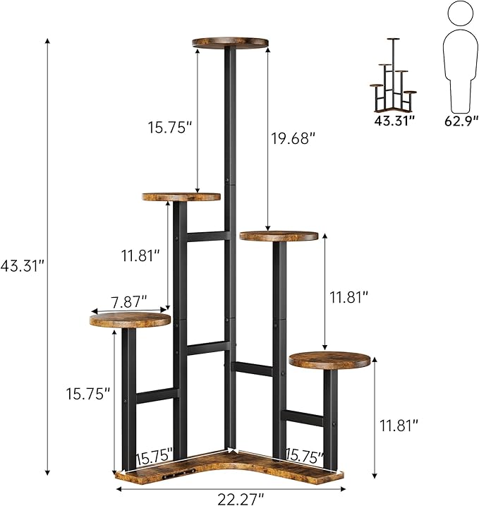Yzosvki Corner Plant Stand Indoor, 6 Tiered Corner Plant Shelf Flower Stand for Multiple Plants, Plant Shelves Organizer Rack for Living Room, Balcony, Patio, Garden, Round Rustic Brown
