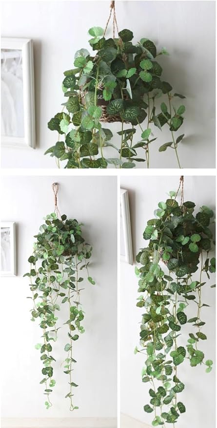 Artificial Plastic Plant Vine Small Hanging Basket Ornament for Indoor Walls, Shelves, Cabinets, Kitchens, Studies, Desks, Living Rooms 3.5-Inch Basket (Leaf B)
