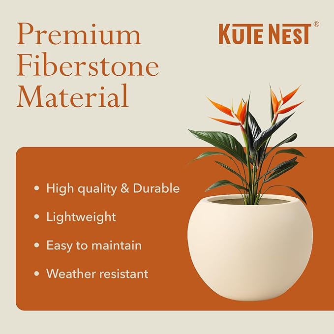KUTE NEST 16" H x 20" D Premium Globo Fiberstone Round Planter with Drainage Hole, Weather Resistant for Indoor and Outdoor Use, Included 2 Extra Coco Mats (Kilim Beige, 13.5" Pot Opening)