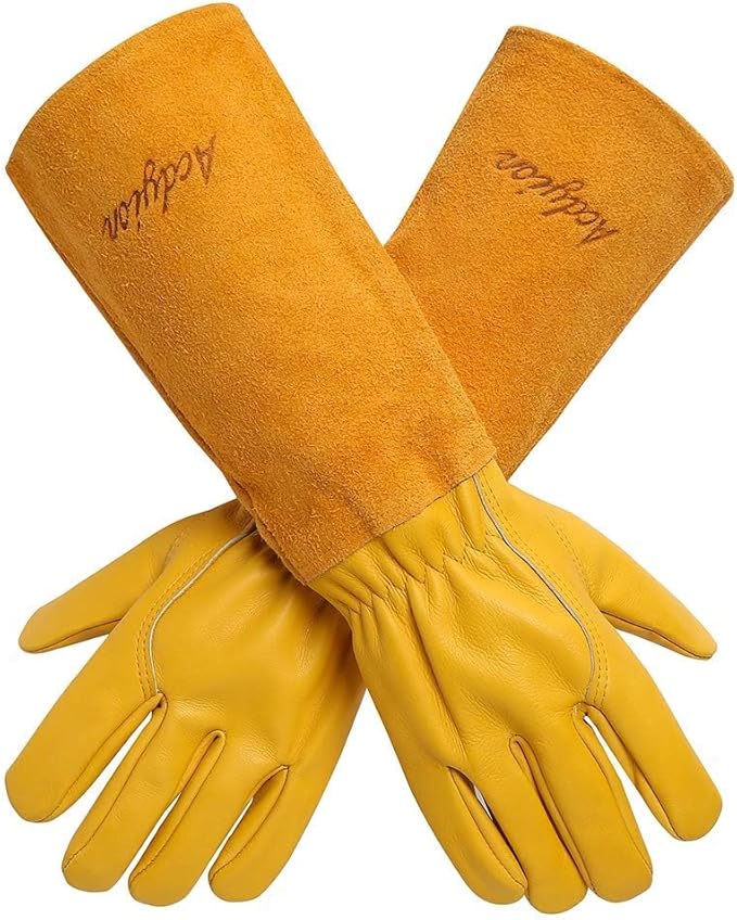 Acdyion Thorn Proof Gardening Gloves for Men & Women, Long Cowhide Leather Rose Pruning Gloves with Forearm Protection, Puncture Resistant Gauntlets for Cacti, Blackberries & Yard Work(yellow,X-small)