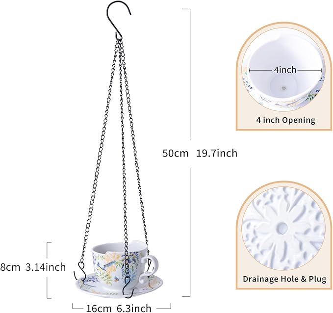 TEATALK Hanging Planters for Indoor Plants, Ceramic Pots with Drainage Hole, 6.3 Inch Hanging Planter with Chain, Outdoor Hanging Baskets for Plants, Birds & Flowers, Cup Shape