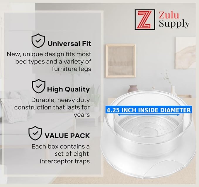 Bed Bug Interceptor Traps – Clear 8-Pack Passive Monitor & Detection Trap – Universal Fit for Bed & Furniture Legs – Reusable Non-Climbable Wall Pest Control Protection (Clear 8-Pack)