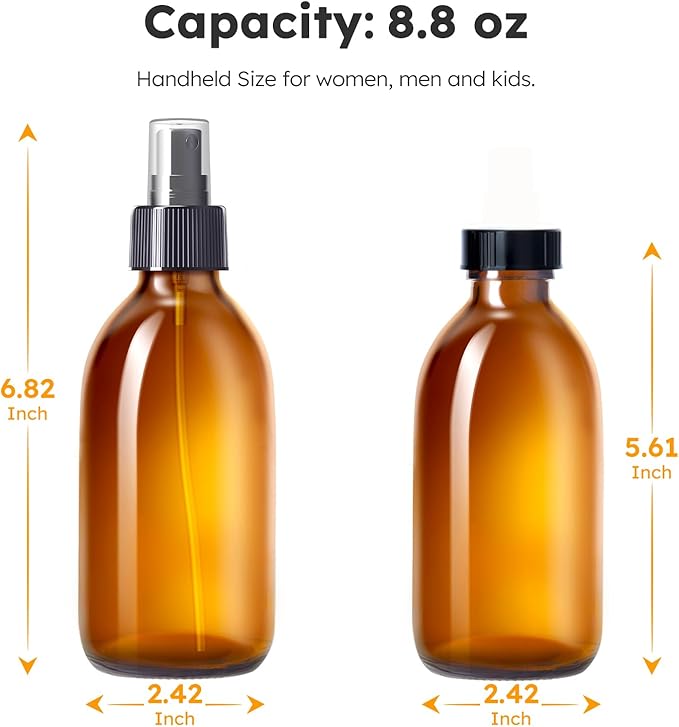 Tecohouse Amber Glass Spray Bottles 8.8 oz, 3 Pack Empty Spray Bottle for Essential Oils, Small Glass Bottles for Cleaning Solutions, Plants, Hair with Durable Nozzle, Labels, Funnel