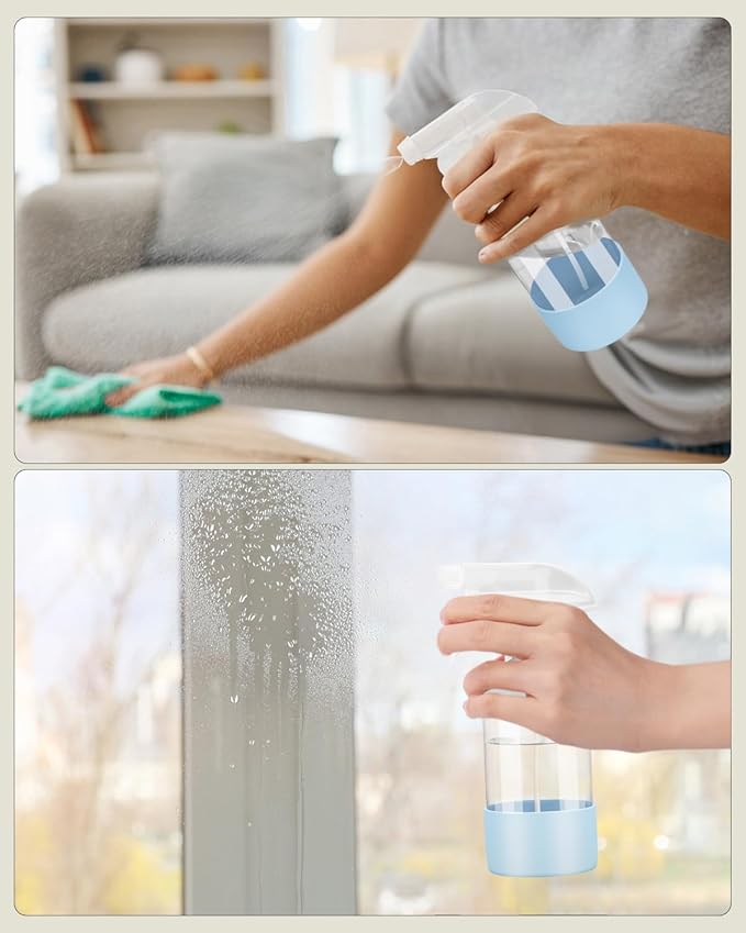 4 Pack Glass Spray Bottles 8 oz, Empty Refillable Containers with Silicone Sleeve Protection, Glass Spray Bottles for Cleaning Solutions, Hair and Plants with Adjustable Nozzles Blue+White+Purple+Grey
