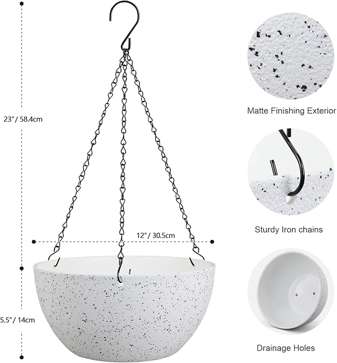 Meowell 12 inch Large Hanging Planters for Indoor Outdoor Plants, 2 Pack Hanging Flower Pots with Drainage Holes and Chain for Garden Porch, Plastic Hanging Baskets for House Plants, Speckled White