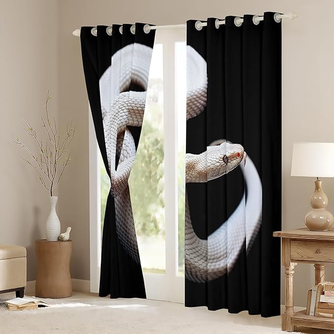 White Snake Blackout Curtains,3D S-Shaped Little Dragon Reptile Window Curtains,African Wildlife Tropical Desert Animals Curtains & Drapes 2 Panels 42"Wx90"L,Snake Hide Window Treatments Black