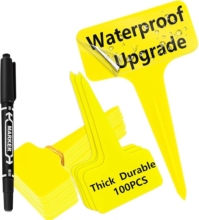 DaTpuik 100 Pcs Yellow Thick Plastic Plant Labels Markers Tags Garden Re-Usable T-Type Sign with Marking Pen