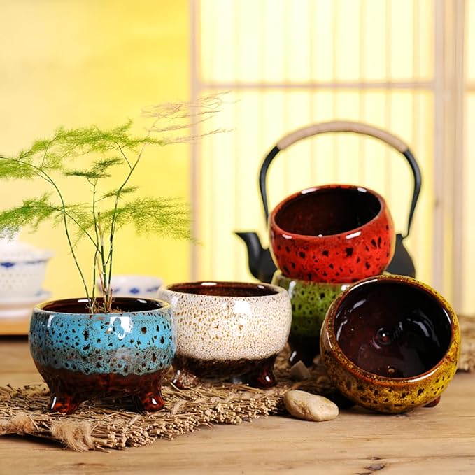 Cute Circular Ceramic Home Garden Decoration Succulent Cactus Flower Pots Container -Plant Not Included (Yellow, 3.7 Inch)