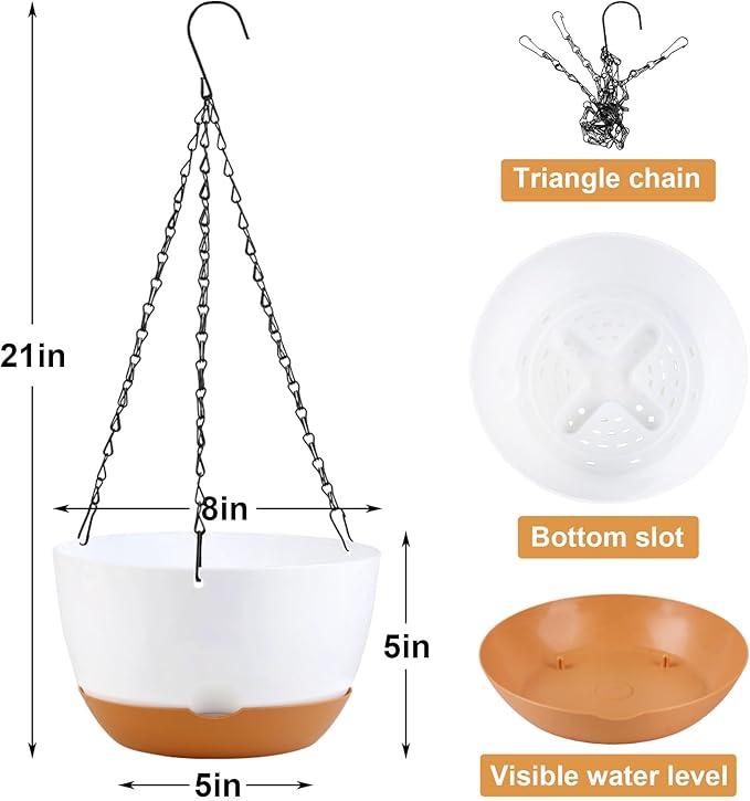 KPUVX 4 Pack Plastic Hanging planters for Indoor Plants,8 Inch Plant Pot Indoor Outdoor Hanging Baskets,Hanging Flower Pots with Drainage Holes and Chain for Garden Porch Plants(White)