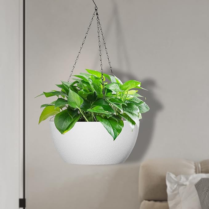 WSMKSZ 13 inch Large Hanging Planters Plant Pots for Outdoor Indoor Plants with Drainage Holes and Chain, 2 Pack Round Hanging Flower Pots for Garden Home Porch Decor, White