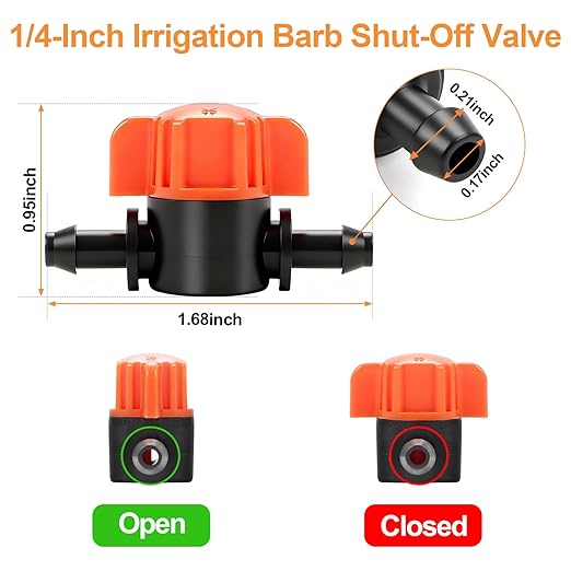 1/4 Inch Drip Irrigation Shut Off Valve: 25 Pack 1/4" Drip Line Barbed Valves Fittings for 1/4 Inch Irrigation Tubing Water Flow Control in-Line Valve for Garden Watering System