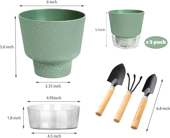 Plant Pots - 6" Orchid Pot, 5 Pack Orchid Pots with Holes - Self Watering Pots for Indoor Plants - Plant Pots with Drainage Hole and Tray Saucer (Frosted Gray)