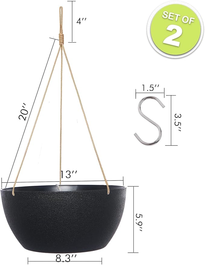 SwinDuck 13 Inch 2 Pack Large Hanging Planters for Indoor Outdoor Plants, Plastic Hanging Basket Pots for House Plants Flowers, Black