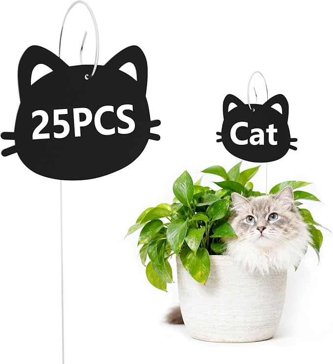 25-Pack Iron Metal Cute Cat's Head Shaped Garden Markers Weatherproof Metal Plant Labels Large Planting Seedling Stake Signs, Seedlings Herbs Vegetable Greenhouse Gifts with White Marker Pen Labels