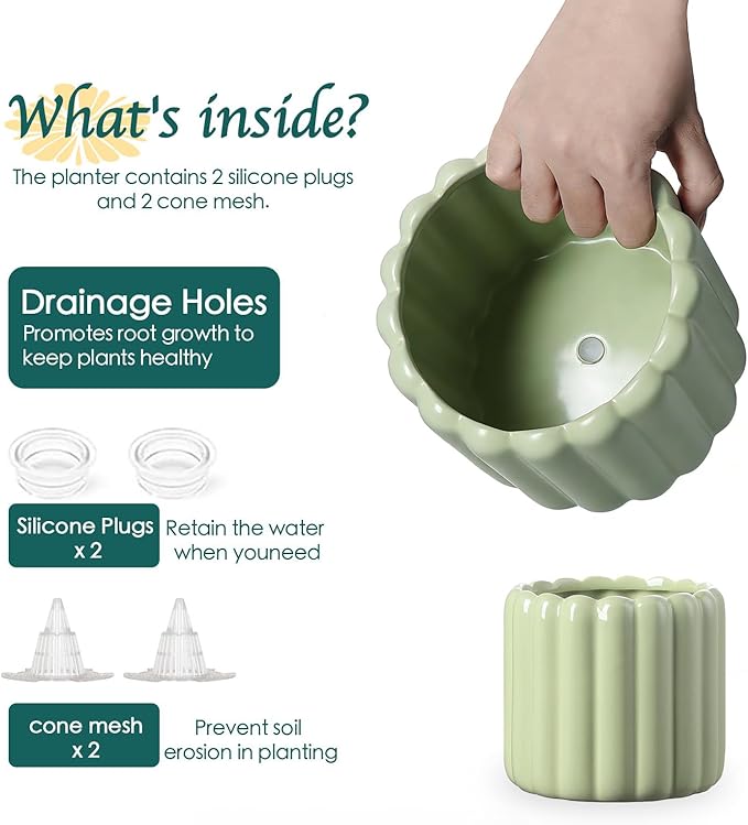 Ceramic Plant Pots,6 inch+4.7 Inch Planter Pot with Drainage Holes,Ceramic Planters for Indoor Plants,Modern Flower Pots for Indoor Outdoor Plants House & Office Décor,Green