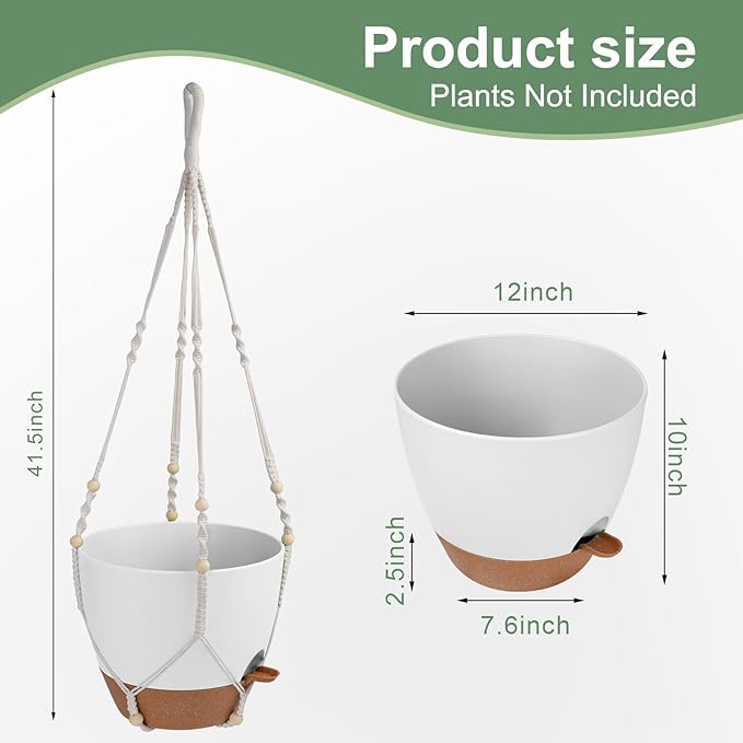 Vanslogreen 41.5 Inch Macrame Plant Hanger Indoor Outdoor with 12 Inch Flower Pot, Hanging Planter for Plants Holder with Wood Beads for Boho Home Decor (Ivory+White)