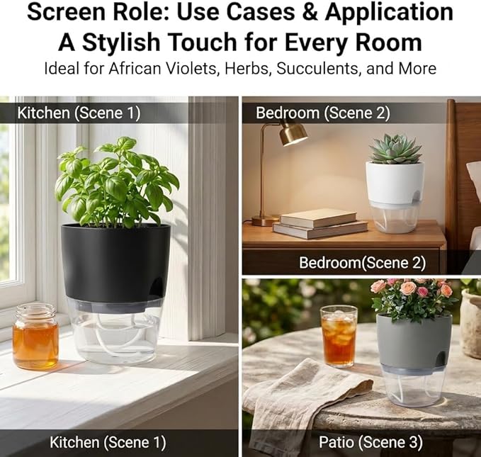 Vanavazon 6 Inch Self Watering Planter Pots for Indoor Plants, 3 Pack African Violet Pots with Wick Rope-Black