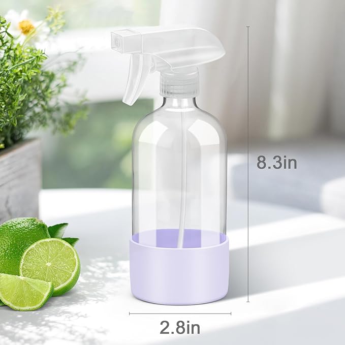 Rionisor Glass Spray Bottles with Silicone Sleeve Protection, Empty 16 oz Refillable Containers, Reusable Spray Bottles with Adjustable Nozzle for Hair, Cleaning Solutions, 1 Pack Purple