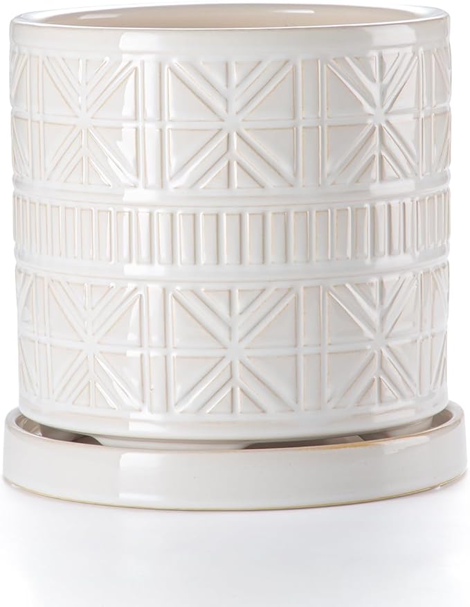Ceramic Plant Pots Indoor-Outdoor: 8 Inch Embossed Planters with Drainage Hole & Saucer - Modern Decorative Flower Pots for Home Garden Patio Office Decor