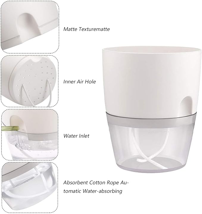 Self-Watering Planters, Plant Waterer for Indoor Outdoor Use Self Watering Plant Pot for Herbs Flowers Succulents, 2 Pcs (White, Large)