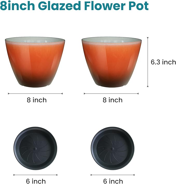 Vanslogreen 2 Pack Plastic Plant Pots with Drainage Holes, 8 inch Planter for Indoor Outdoor Plant, Garden Flower Pots for Aloe, Herbs, Cactus (Orange, 2pcs)
