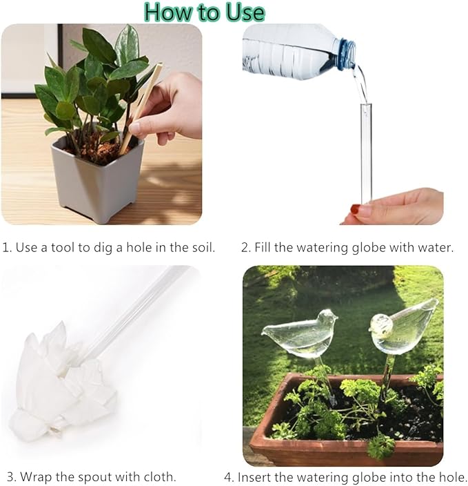 Tebery 4 Pack Plant Waterer Automatic Self Watering Globes, Bird Shape Design Hand Blown Glass Plant Watering Bulbs Garden Water Device