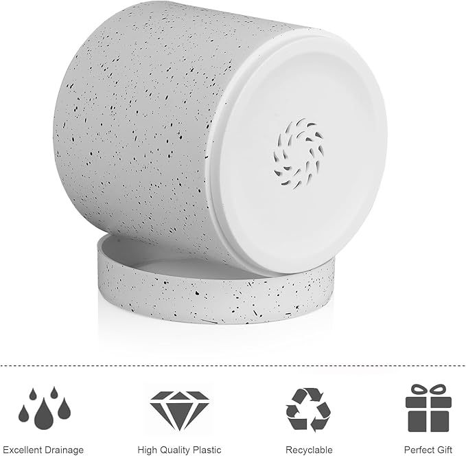 Meowell 7/6.5/6/5/4 inch Plant Pots, 5 Pack Cylinder Flower Pots for Small Indoor Outdoor Plants, Plastic Planters with Drainage Holes and Saucers for Garden Succulent House Plants, Speckled White
