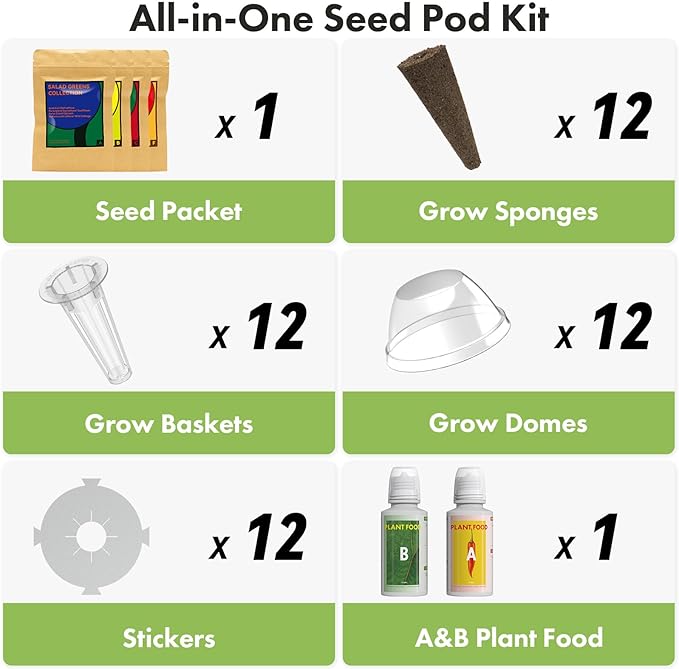 LYKOCLEAN 12 Pods Salad Greens Seed Pod Kit for AeroGarden, idoo Hydroponic Growing System Include American Fast Lettuce, Cauliflower, Spinach, Paris Island and Buttercrunch Lettuce, 400+ Seeds