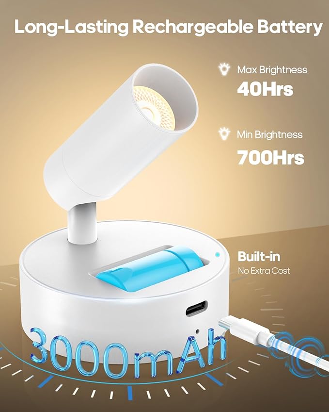GOODEA Spotlights Indoor with Remote, 3000mAh Rechargeable Battery Plant Spotlight Indoor, Wireless Uplights with 3 Colors & Dimmable, Picture Light for Painting, Accent Lighting(2 Pack, White)