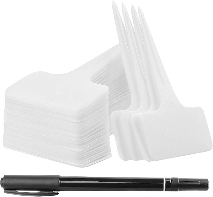 Whaline 100 Pcs Plastic Plant Labels White T-Type Garden Stake Tags Waterproof Plant Markers Reusable Plants Signs for Outdoor Indoor Nursery Potted Plants Seed with A Black Marker Pen (6 x 10 cm)