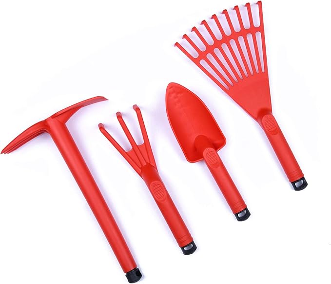 Mintra Garden Tool Set, 4 Piece Heavy Duty Gardening Tools Including Cultivator, Trowel, Shovel & Rake, Durable Poly Material & Non-Slip Handle, Garden Hand Tools Set for Gardening Gift, Red