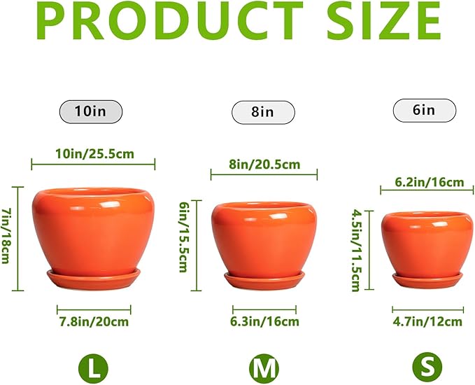 Ceramic Planter - 10 Inch 8 Inch 6 Inch Plant Pot with Drainage Holes and Saucers, Round Planters for Indoor Outdoor, Modern Flower Pots, House Garden Room Decor, Gardening Gifts, Orange