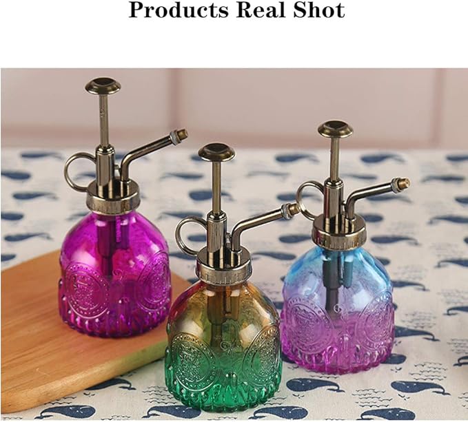 Plant Mister Glass Spray Bottle Small Plant Watering Can 6.4" Tall Retro Indoor Watering Can Bronze Plastic Top Pump for Garden Indoor Plant Sprayer
