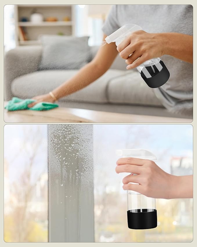 Worldgsb 4 Pack Glass Spray Bottles 8 oz, Empty Refillable Containers with Silicone Sleeve Protection, Glass Spray Bottles for Cleaning Solutions, Hair and Plants with Adjustable Nozzles Black&White