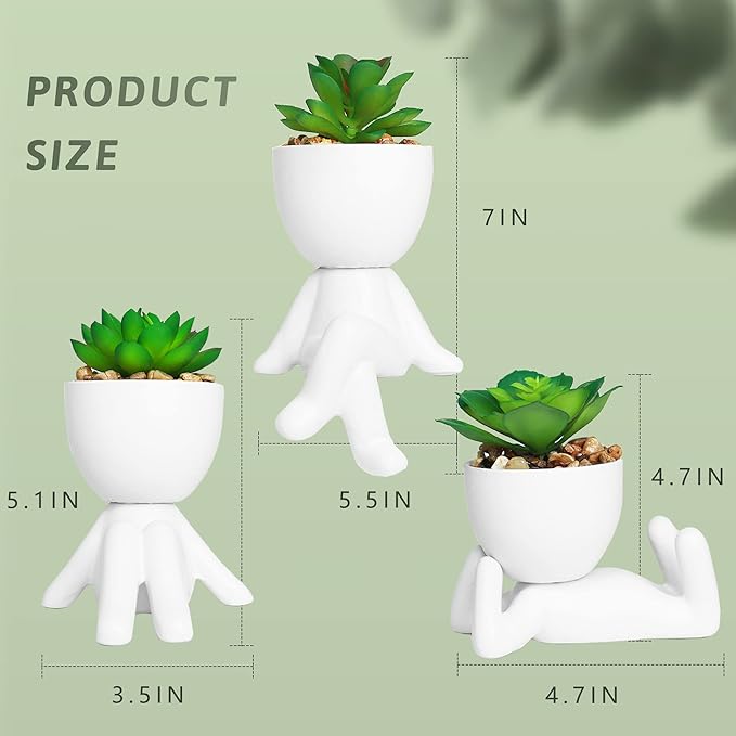 Zerzsy 3 Pack Artificial Succulent Plants for Office Desk, Fake Plants with Ceramics Human Shaped Pots,Cute Fake Succulents Pots for Bedroom/Room/Cubicle/Bookshelf Decor (Ceramic White)