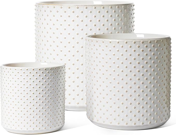 LE TAUCI Ceramic Pots for Plants, 10/8/6 Inch Indoor Planters with Draiange Hole, Silicone Plug & Mesh Pad, Modern Rasied-Dots Pots for Home Office, Set of 3, Glossy, Arctic White