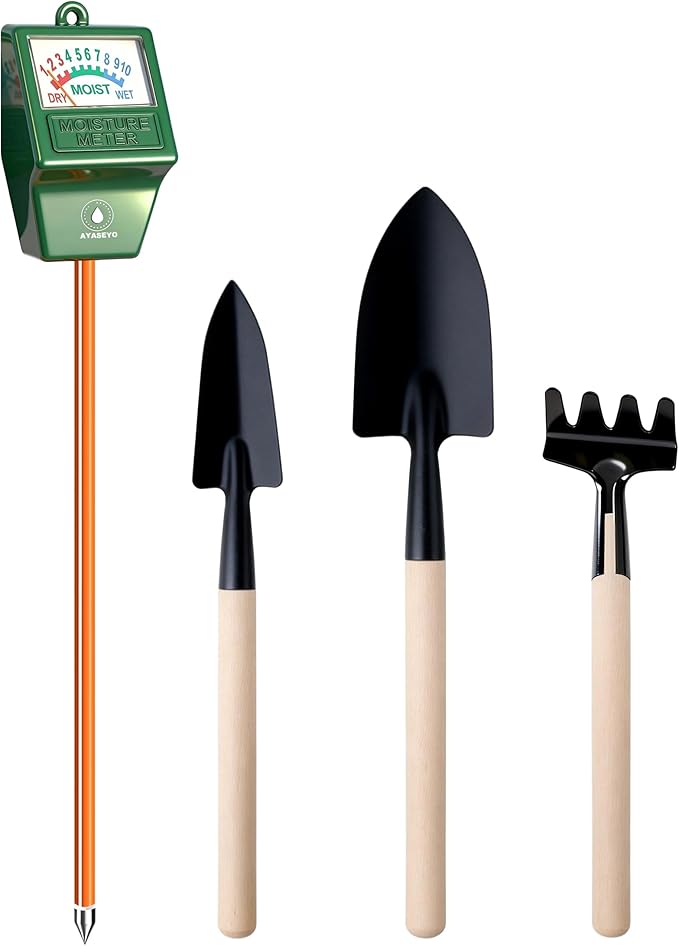 Soil Moisture Meter Garden Tools Set - 4 in 1 Plant Water Meter with Mini Shovel, Trowel & Hand Rake for Indoor Outdoor Plants, Succulents, Bonsai, Houseplants