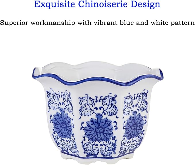 HakkaGirl Ceramic Pots for Plants, Chinoiserie Décor Ceramic Flower Pots Planters for Indoor Plants with Drainage, Blue and White, Set of 3