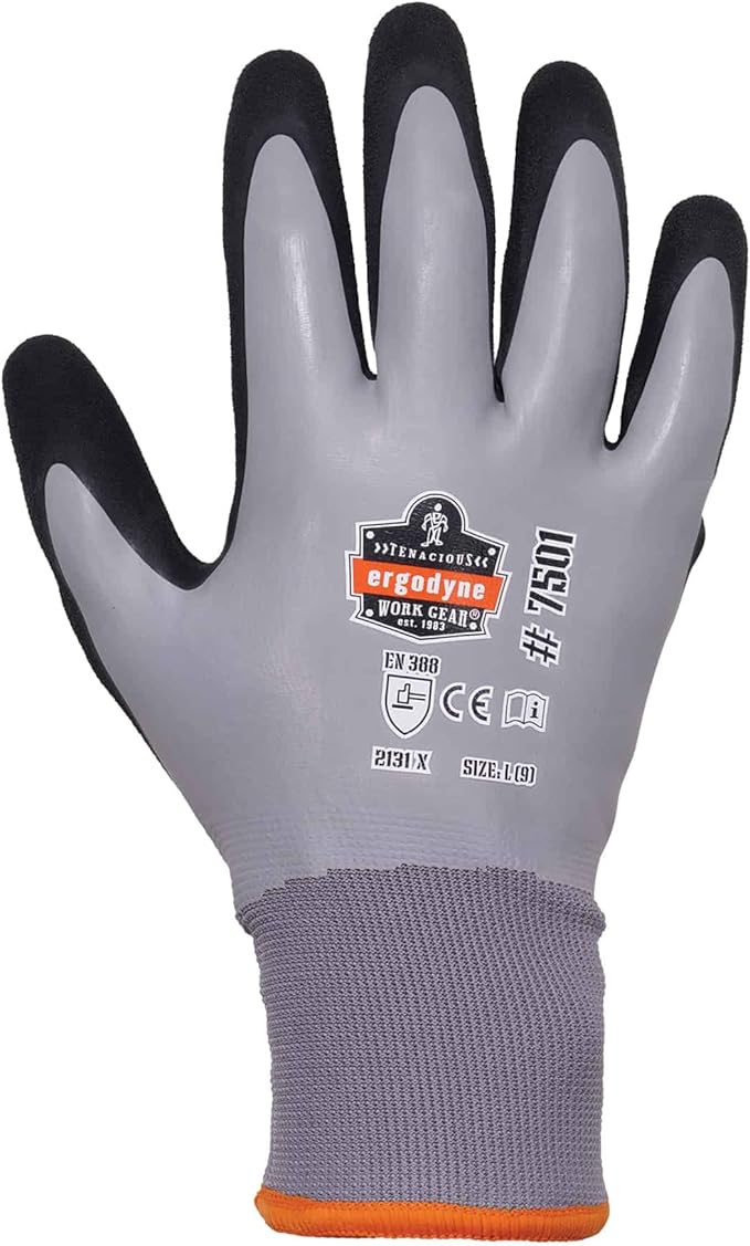 Ergodyne ProFlex 7501 Coated Waterproof Winter Work Gloves, Sandy Nitrile Coated Palms, Thermal Fleece Lining, 12-PK