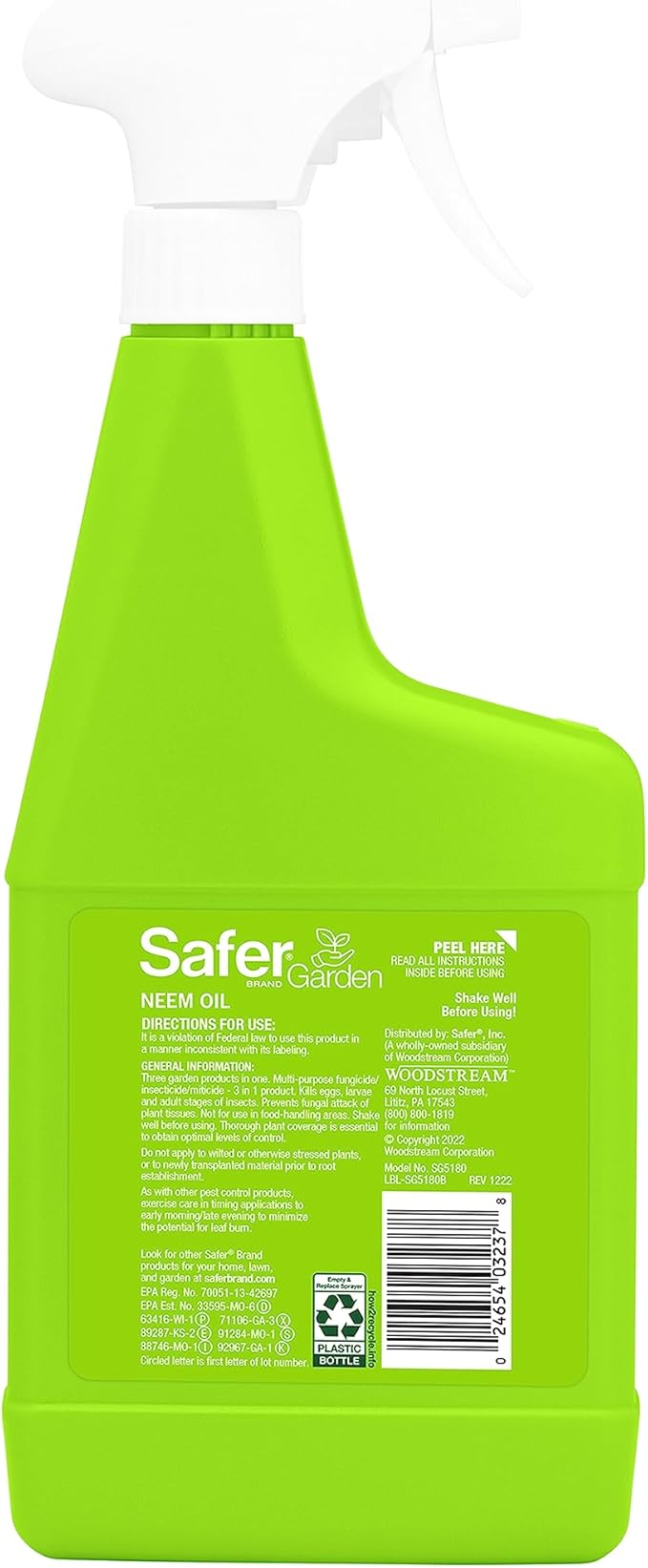 Safer Garden Neem Oil Fungicide, Miticide, and Insecticide Neem Oil Spray - Kills Insects, Mites, Fungus - Controls & Prevents Fungal Disease - OMRI Listed for Organic Use, SG5180-24 oz Bottle