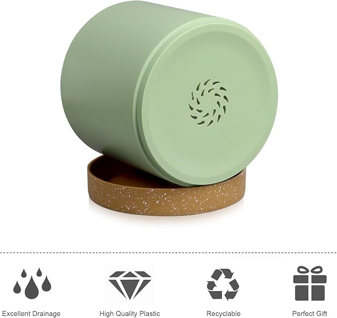 WSMKSZ 5 Pack Cylindrical Flower Pots with 7/6.5/6/5/4 inch, Modern Small Plastic Plant Pots with Drainage Holes & Saucers, Round Planter Pots for Outdoor, Indoor & Office Decor (Green Brown)